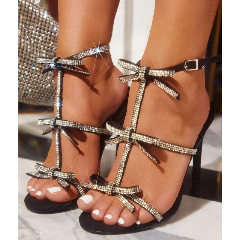 CRYSTAL Bowknot Узкие Женские Сандалии Модные Туфли-лодочки с Пряжкой и Ремешком Туфли на Тонком Высоком Каблуке