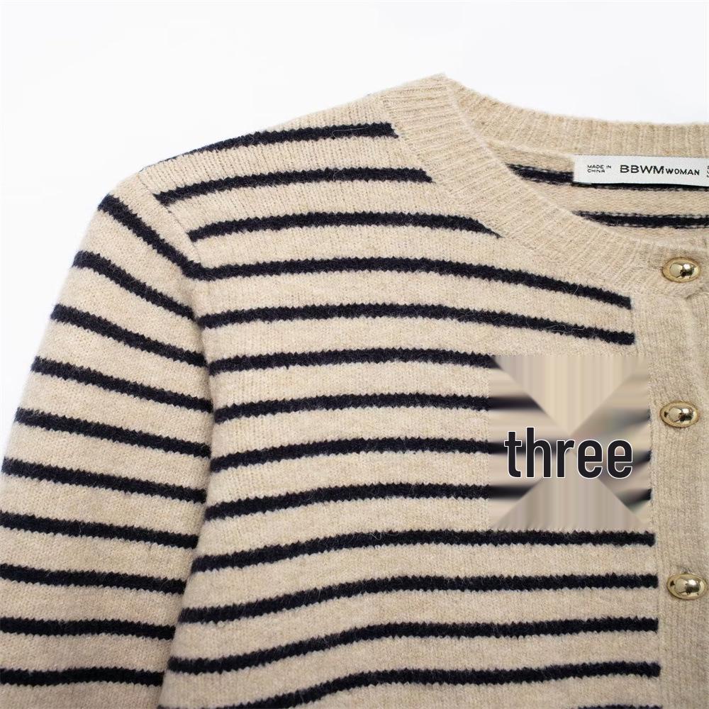 Женский вязаный кардиган с длинными рукавами и полосатым принтом на осень 2024 года