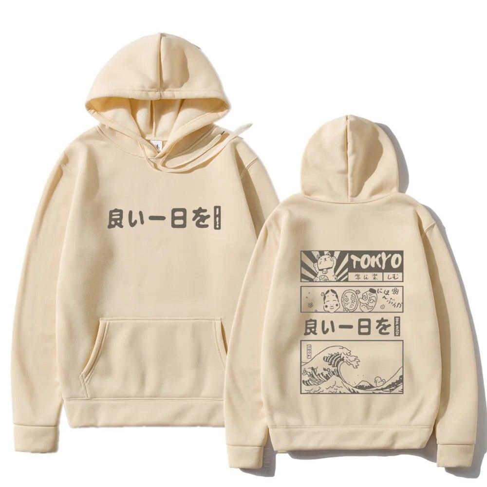 Harajuku унисекс толстовка с капюшоном японский кандзи мультфильм большая волна Токио негабаритный Streetw хип-хоп пуловер с капюшоном одежда унисекс