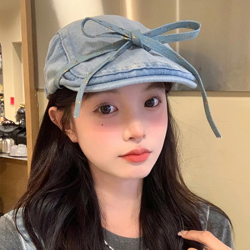 Vantage Original Bow Forward Hats для женщин Y2k 2024 Весна и лето Новые универсальные дорожные солнцезащитные ретро-береты из денима