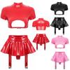 Womens Wet Look Patent Leather Sexy Rave Clubwear Short Sleeve Top with Mini Skirt