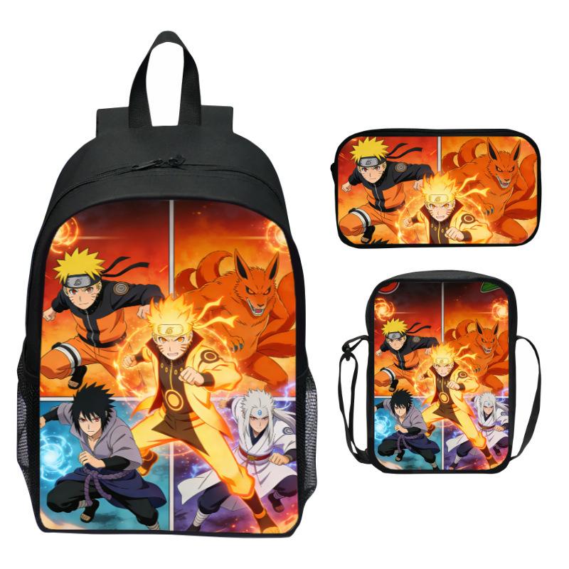 Naruto Anime 3-Piece Backpack Set Printed Cartoon Elementary School Bag Lightweight Multi-Pocket
