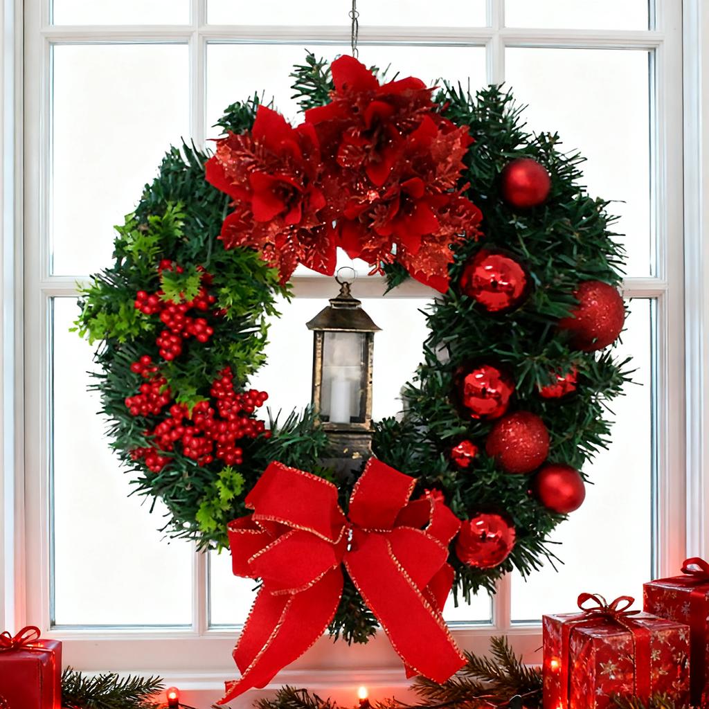 Рождественский венок с огнями, красный бант, праздничные украшения для двери, для окна, для крыльца, для помещения, для улицы, украшение для праздничной сцены