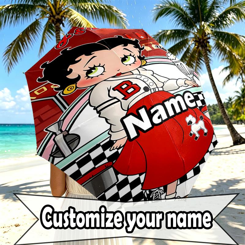 Custom Name Personalized Betty Boop Print Umbrella, Auto Open Close, 8‑Rib Sturdy Frame, Commute Camping Hiking Use, Birthday Gift