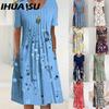 30 Color Pleated Midi Dress Short Sleeve Round Neck Loose Hem Mid-Calf Length Women Floral A-Line Party Dress Casual Wear