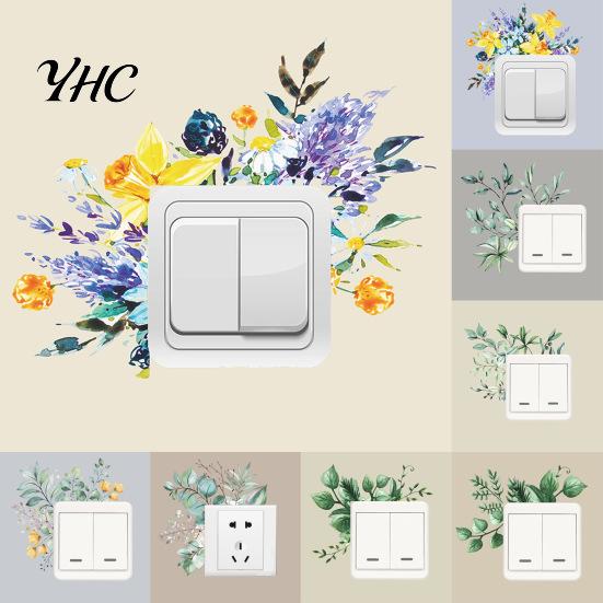 Wall Ornament Mural Ornamental Removable Colorful Green Paper Plant Switch Sticker for Restaurant Decal