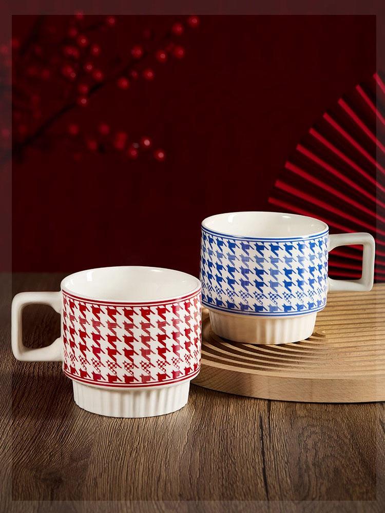 Nordic Houndstooth Ceramic Mug – Retro Coffee Cup with Handle, Spoon Classic  Pattern, 400ml