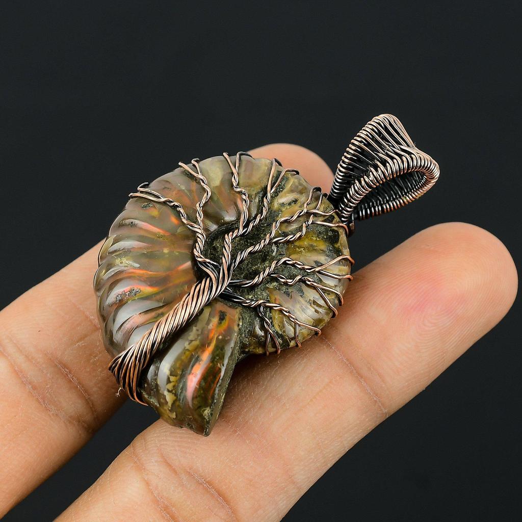 Древо Жизни Аммонит Ископаемый Драгоценный Камень Медная Проволока Обертывание Кулон Ручной Работы Ювелирные Изделия Свадебный Подарок