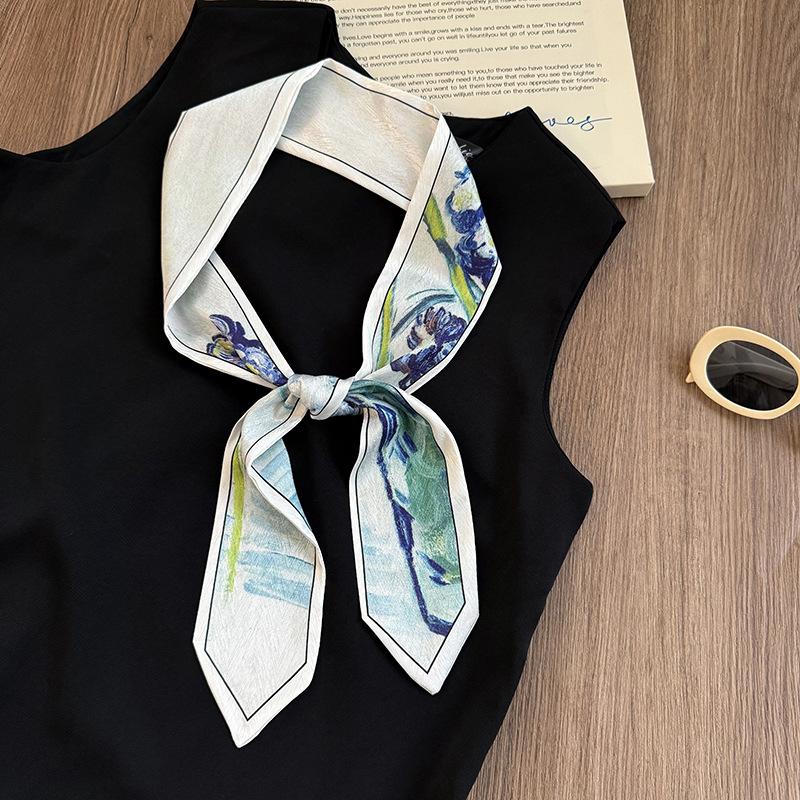 Silk Scarf Long Strip High Sense Spring and Summer Versatile Oil Painting Headscarf Headband Tied Bag Streamer Decorative Scarf Multi-purpose Belt