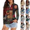 Women's Casual Fashion Retro Floral Print Long Sleeve Zipper Neck Top T-shirt