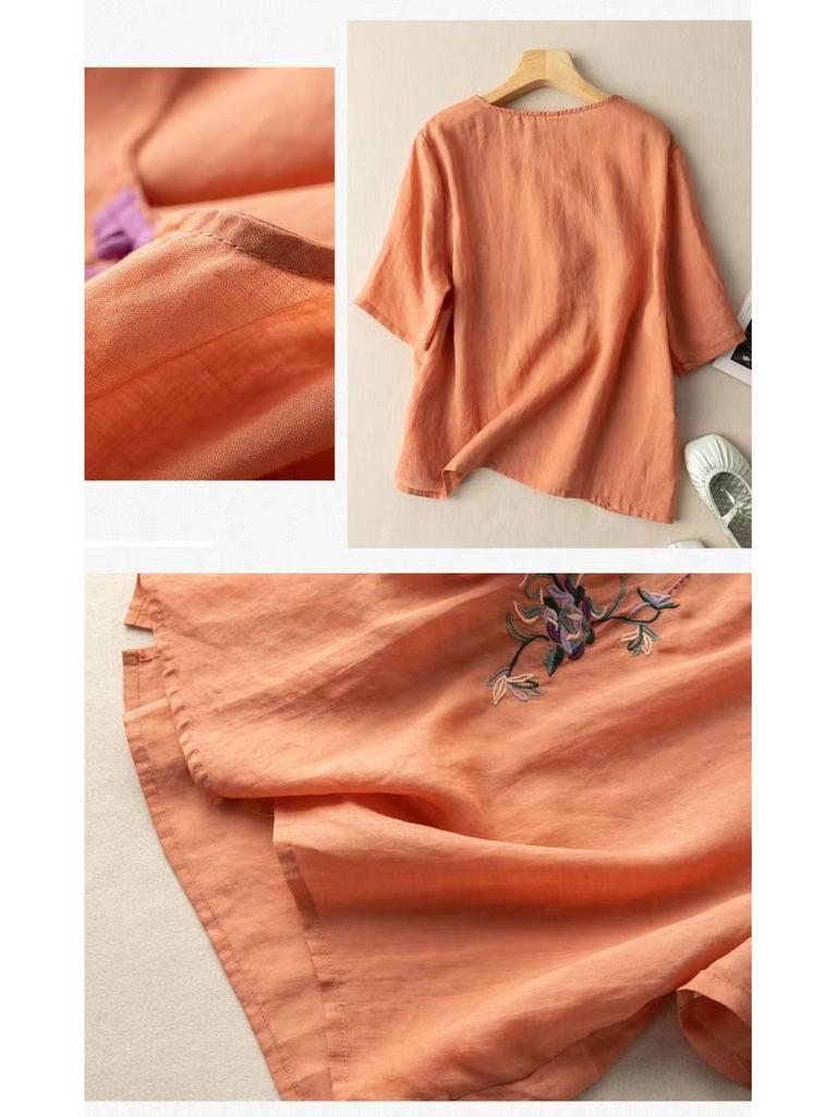 Women's 2024 Summer Cotton Linen Retro Embroidered Blouse with Frog Button and Diagonal Placket