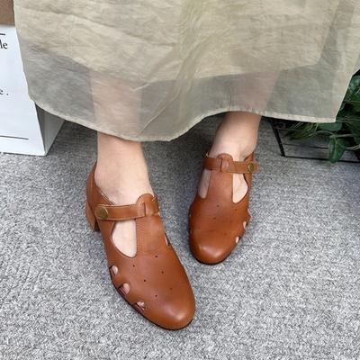 Римские сандалии в стиле ретро, удобная женская обувь из натуральной кожи с круглым носком на дышащем среднем каблуке