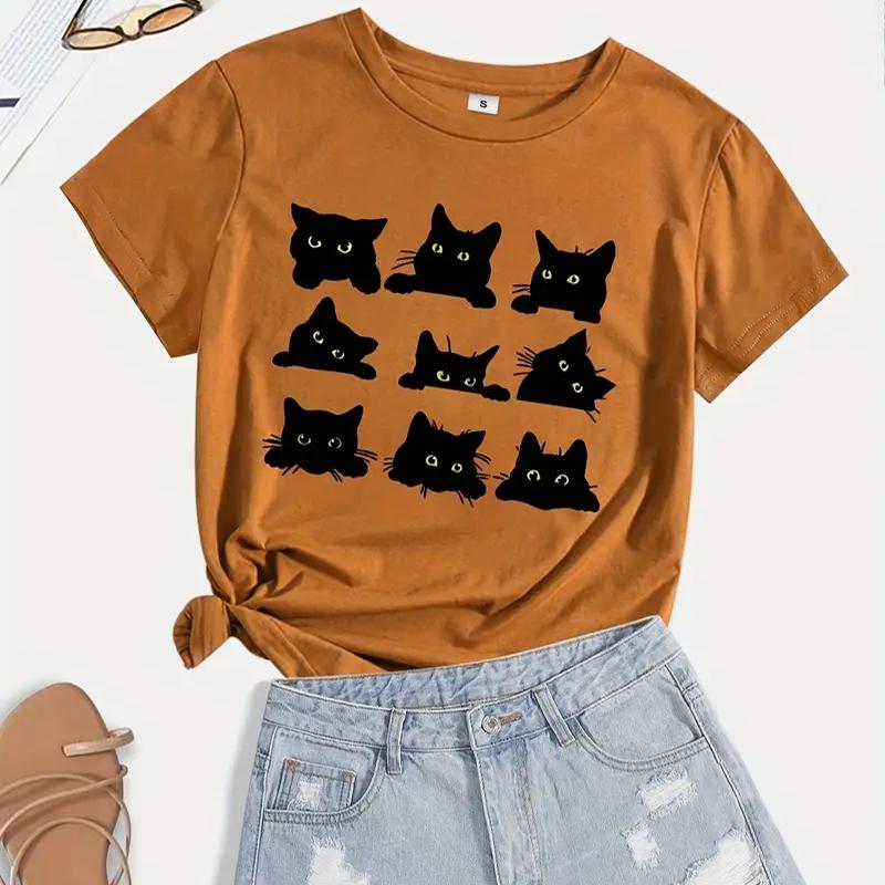 Женская летняя футболка с принтом черного кота, футболки с коротким рукавом, повседневные топы с принтом