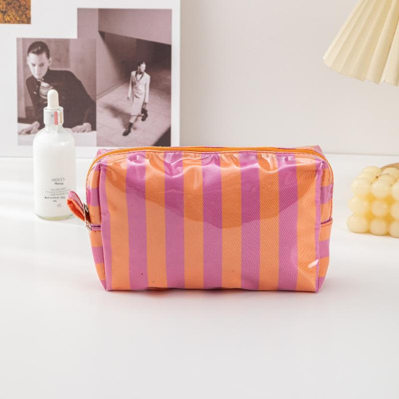 Pvc Striped Cosmetic Bag Makeup Bag With Zipper Waterproof Travel Toiletry Bag Makeup Brush Case 1Pc