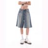 Retro Denim Shorts Women American Style Elegant Streetwear Wide Leg Pants Summer Female Y2k High Waist Loose Short Jeans