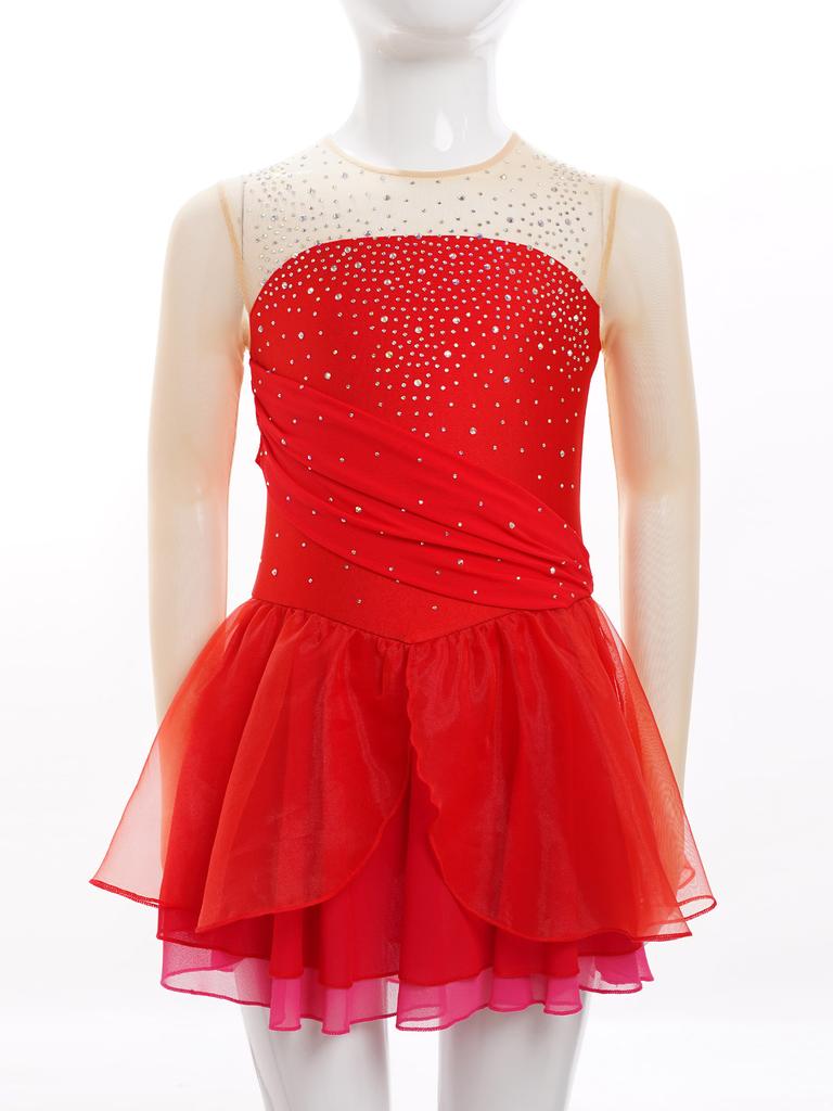 Костюм для фигурного катания для девочек, лирическое балетное танцевальное платье с вырезом на спине, блестящие стразы, современная лирическая танцевальная одежда