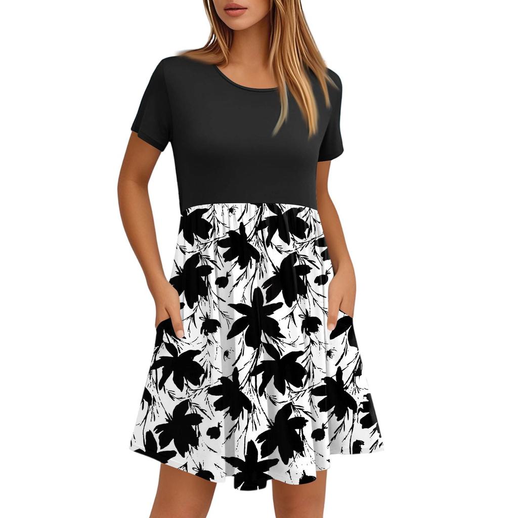 Женские модные повседневные свободные платья с круглым вырезом и коротким рукавом с принтом и карманами