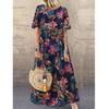 Summer Fashion Print Long Dress Women Casual O-neck Short Sleeve Loose Cotton Dress