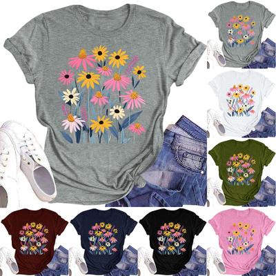 Женская повседневная футболка с круглым вырезом и цветочным принтом, короткий рукав