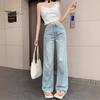 Женские джинсы с высокой талией и широкими штанинами с вышивкой и бантом, сплошной цвет, свободные карманы, карманы, пуговицы, застежка-молния, прямые джинсовые брюки полной длины