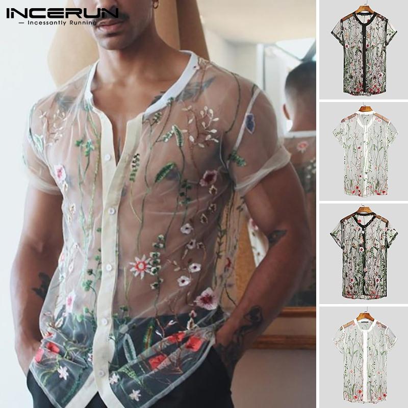 INCERUN Мужские прозрачные рубашки с короткими рукавами и вышивкой, тонкие летние топы для клубных вечеринок с перспективой