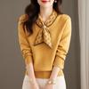 Autumn Winter Women Clothing Beaded Bow Elegant Knitted Sweater Long Sleeve Pullover Tops Chic Jumpers