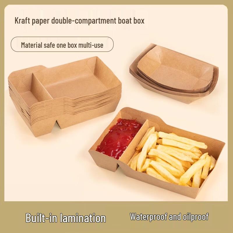 Miaojiayi Disposable Kraft Paper Double Compartment Boat Takeout Boxes