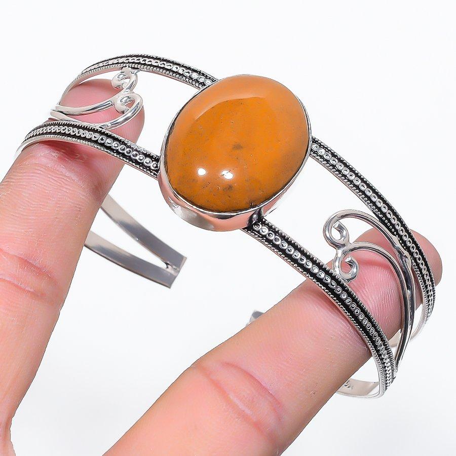 Natural Fossil Coral Gemstone 925 Sterling Silver Cuff Bangle Adjustable AC-1168