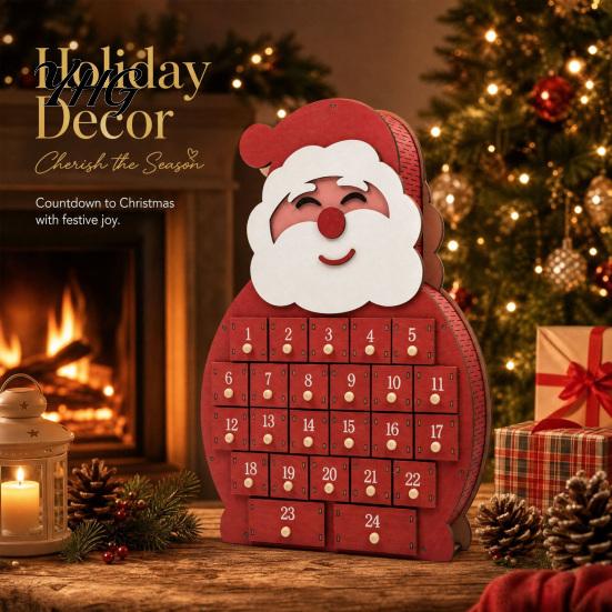 Wooden Countdown Calendar Santa Snowman Advent Calendar, 24-Day Box with Tabletop Decor Numbered Drawers, Christmas Decor, Candy Mini Figurine Storage