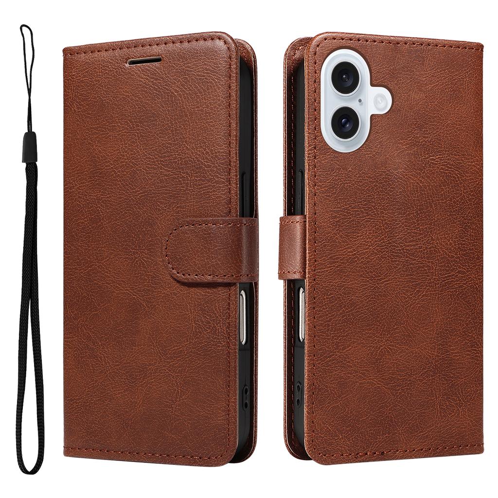 For iPhone 17 Leather Wallet Case with Strap Solid Color Phone Stand Cover