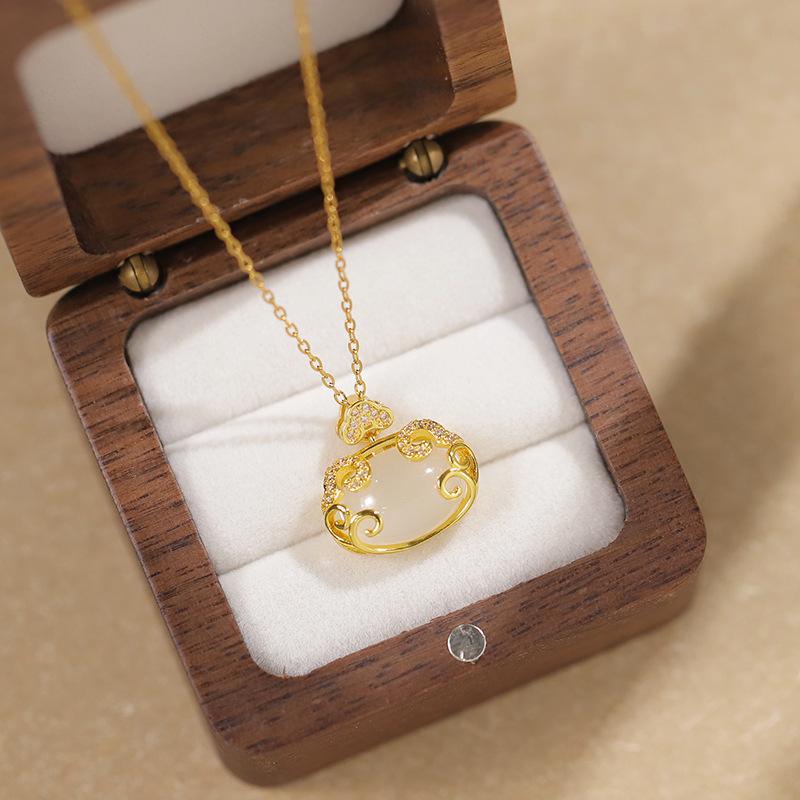 925 Sterling Silver Ruyi Lock Necklace , Chinese Trend White Chalcedony Pendant for Women Daily Office