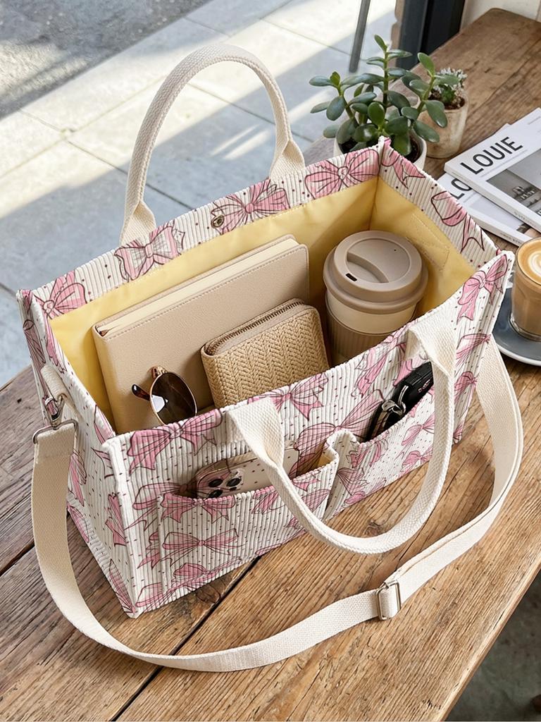 Pink Bow & Polka Dot Print Corduroy Tote Bag Large Capacity Multi Pocket Coquette Commuter Shoulder Bag