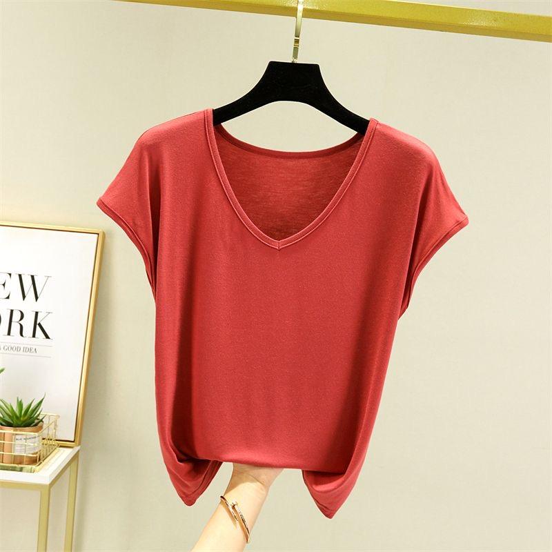 Solid V Neck Basic Tshirt Women Summer Modal Loose Tee Tops Casual Undershirt M To 2XL