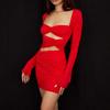 Женское осеннее элегантное вечернее платье для ночного клуба с длинным рукавом и вырезом, сексуальное мини-платье с рюшами