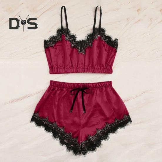 Женский пижамный комплект из 2 предметов, кружевная отделка, V-образный вырез, укороченный топ на бретельках, эластичный пояс, шорты, повседневный комплект без рукавов, домашний комплект