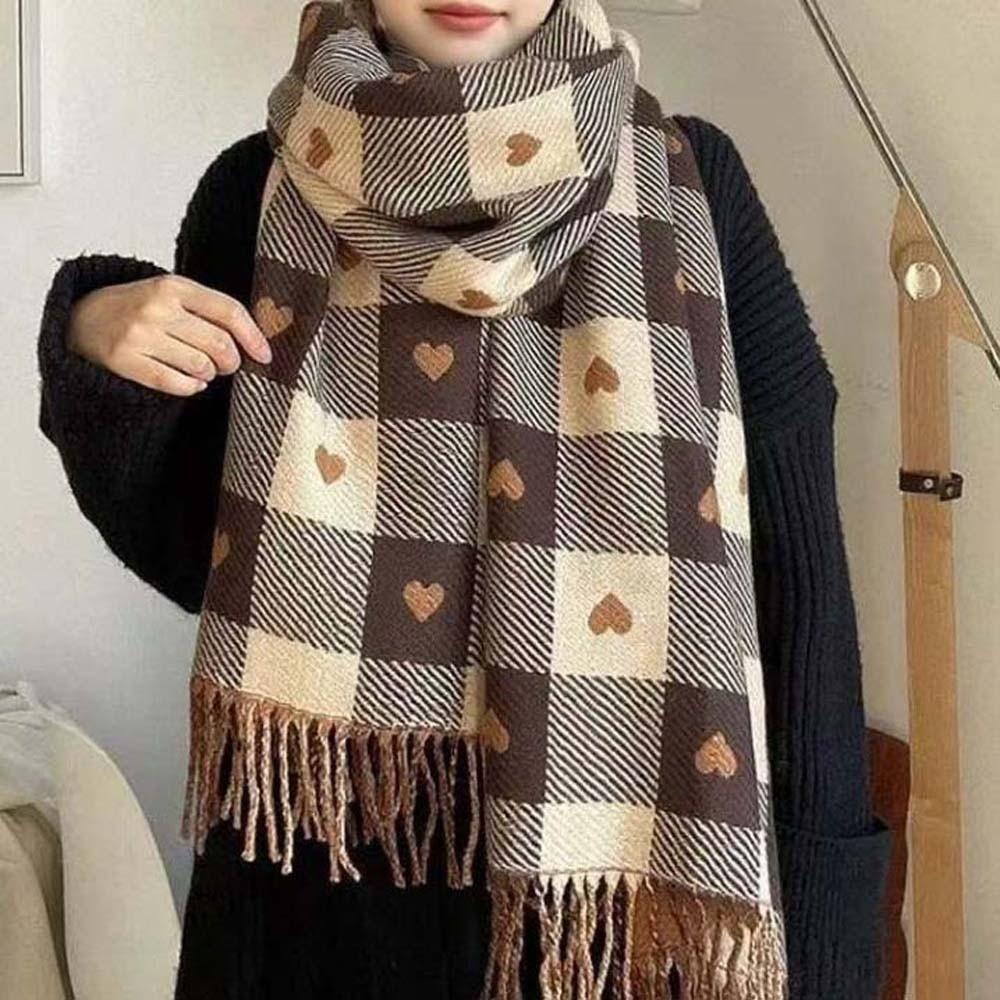 Long Heart Thickened Scarf Acrylic Fibers Tassel Shawl Large Plaid Knitted Scarf Autumn