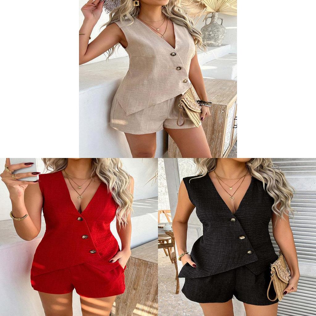 Fashion Summer Womens Casual Sets With Polyester Blend Button Plaid Blouse And Shorts For Street Style