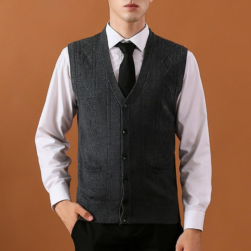 Осенне-зимний жилет мужской V-образный на пуговицах кардиган вязаный жилет однотонный свитер мужской жилет кардиган