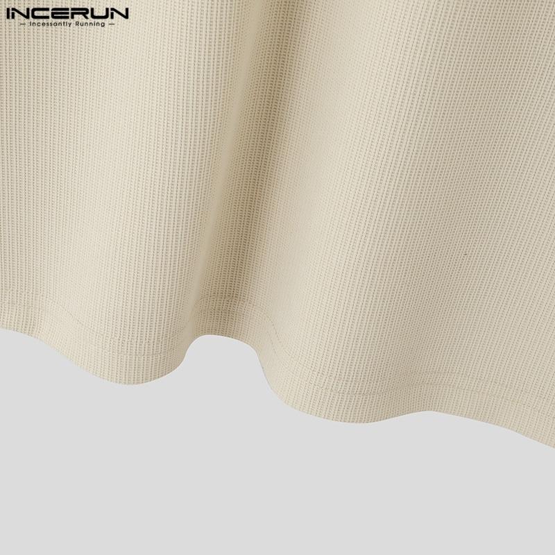 INCERUN Летние мужские повседневные футболки с застежкой-молнией и лацканами, коротким рукавом и текстурой, топы