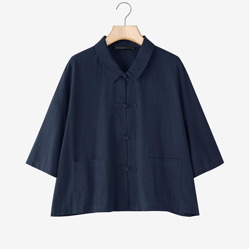 ZANZEA Женская летняя блузка из хлопка с отложным воротником, свободного кроя, с рукавом до локтя