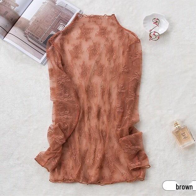 Блузка из кружевной сетки Four Seasons с полувысоким воротником и длинными рукавами, просвечивающая, в корейском стиле