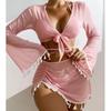 New Women's Split Four Piece Bikini Swimsuit Sexy Solid Lace Up Bikini Elegant Tassel Long Sleeve Fresh Beach Bikini
