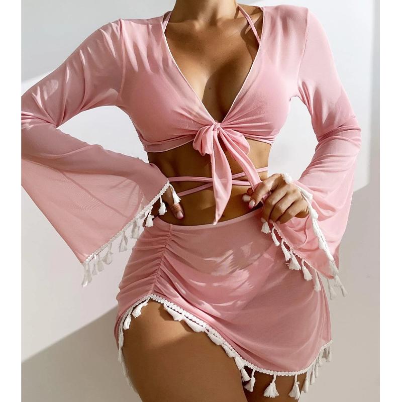 New Women's Split Four Piece Bikini Swimsuit Sexy Solid Lace Up Bikini Elegant Tassel Long Sleeve Fresh Beach Bikini