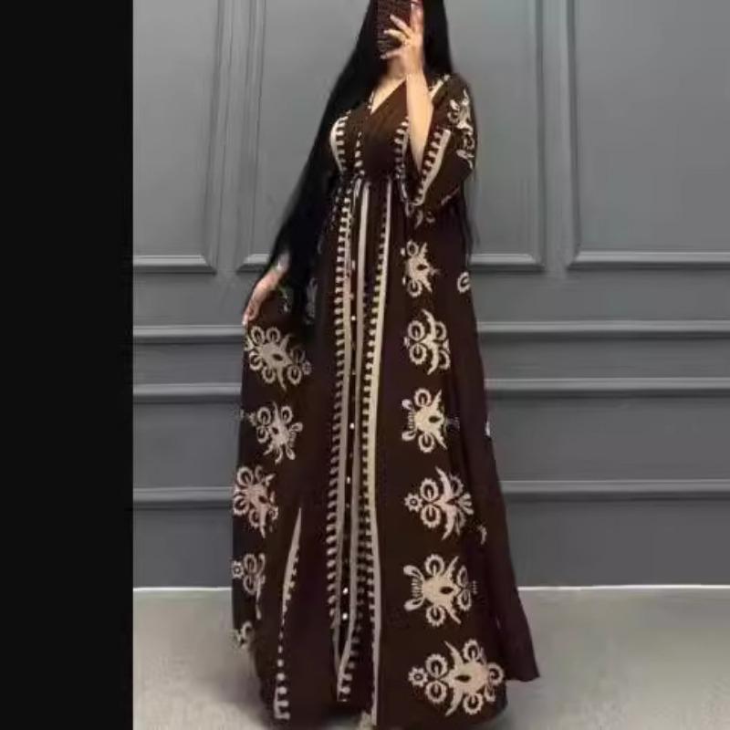 Женское осеннее платье свободного кроя с V-образным вырезом и длинными рукавами