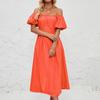 Women's Loose Long Off Shoulder Bubble Short Sleeved Pleated High Waisted Solid Color Dress
