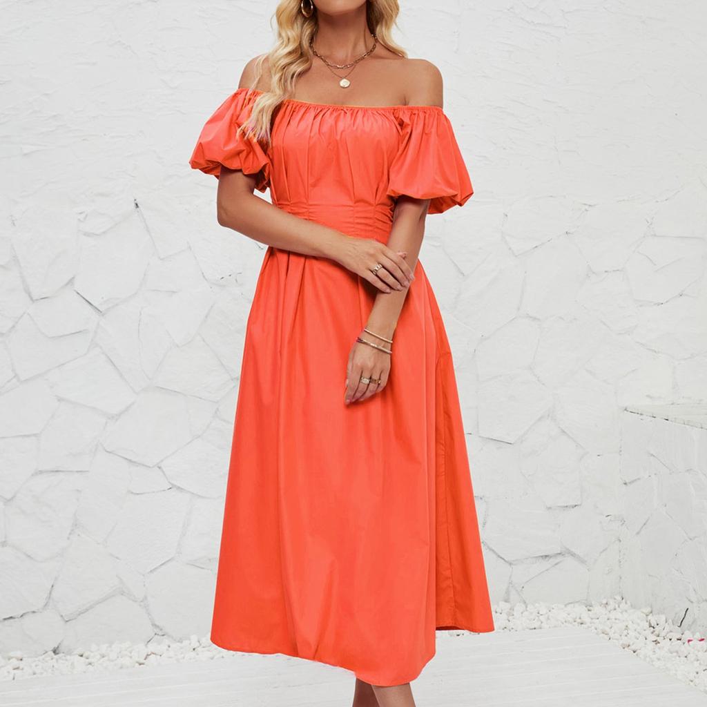 Women's Loose Long Off Shoulder Bubble Short Sleeved Pleated High Waisted Solid Color Dress