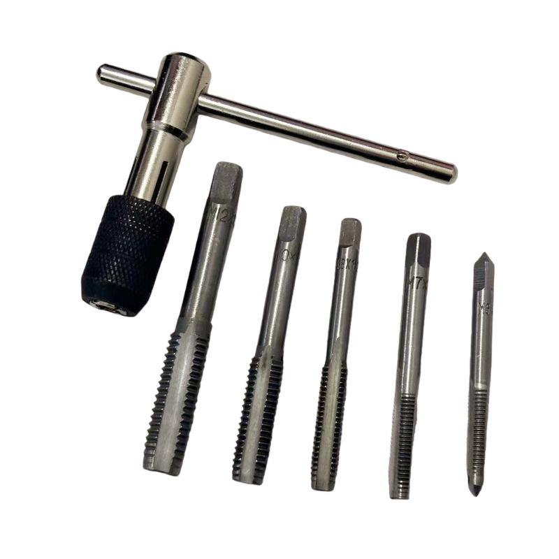 6-Piece Hand Tap Threading Tool Set with T-Handle Wrench, M6-M12 High Hardness Straight Flute