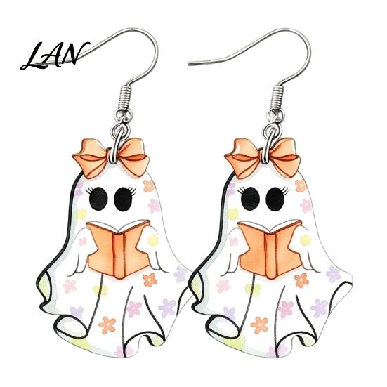 Comfortable Daily Earrings Cute Reading Ghost Earrings, Sweet Bowknot Drop Lightweight Acrylic Halloween Jewelry for Women Girls Dangle