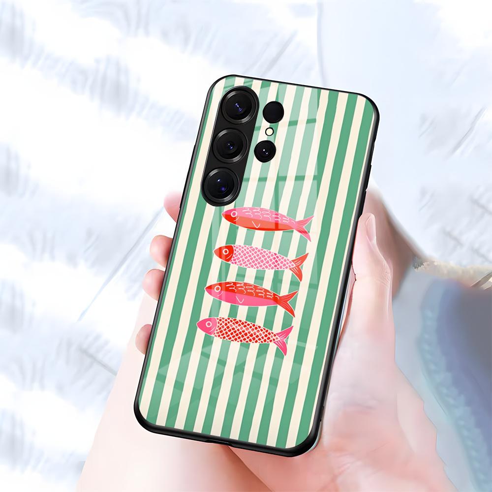 Чехол для телефона 'Банка сардин' с кленовым листом для Samsung S26 S25 S24 FE S23 S22 S21 Plus S20 Ultra Note20Ultra Черная стеклянная крышка