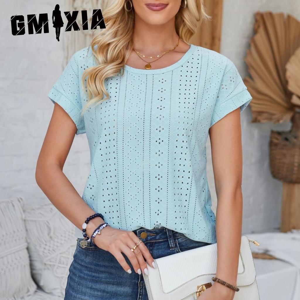 GMXIA Women's Spring Summer Loose Round Neck Eyelet Lace Solid Color T-shirt